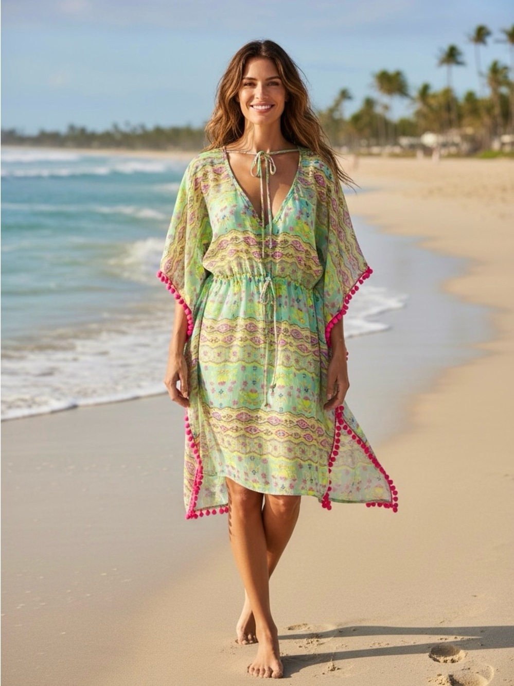 Miken Swim, Beach Cover Up Kaftan, Large, Boho Pom Pom Tunic Dress, Pink, Green